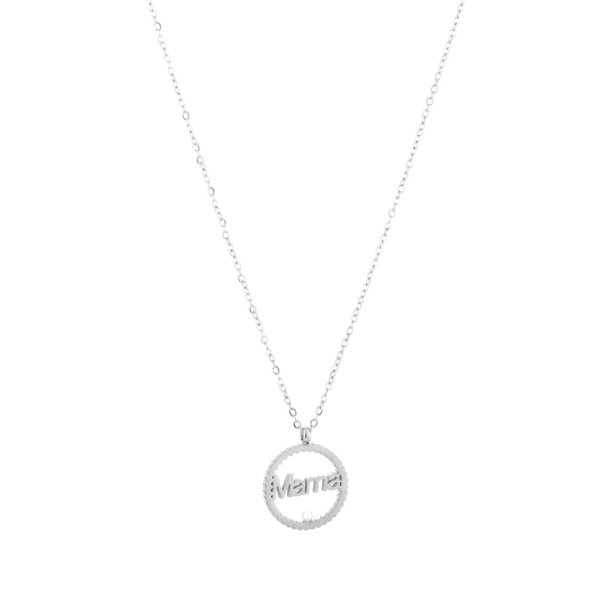 MAMA Ketting met Ronde Hanger & Pareltje - Roestvrij Staal (RVS) - Moederdag Ketting met 'Mama' Inscriptie - Schakelketting 40+5 cm - Sieraden Cadeau voor Moeder - Zilver