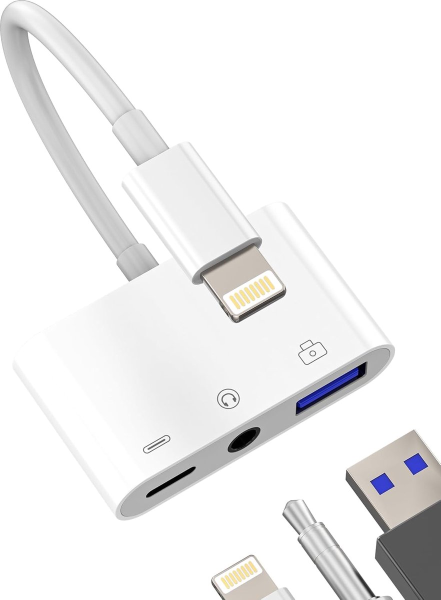 SnelShoppen - Adapter Lightning Jack Hoofdtelefoon USB Oplaadkabel (3in1) voor Apple iPhone 14 13 12 11 Pro OTG Kabel met 3.5mm Audio, Dataoverdracht