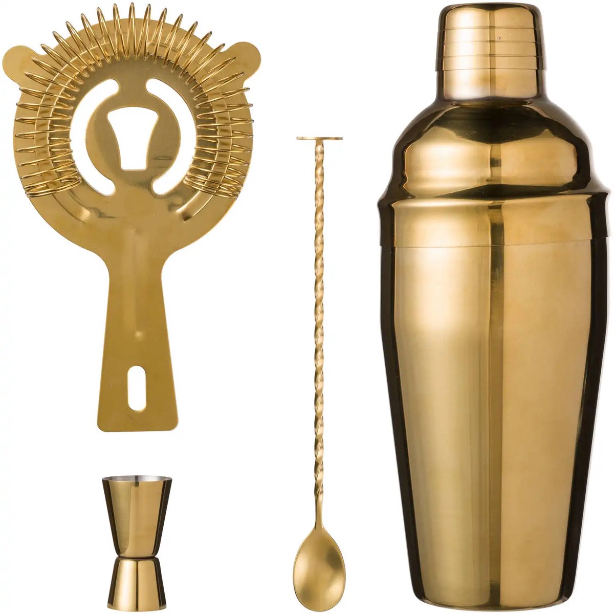 Cocktail Set - 4-Delig - Cocktail Shaker - Luxe Cocktailset - Barset - Complete Cocktailset - Bartender Barset - Met Cocktailzeef, Barlepel en Barmaatje - Luxe Cadeauverpakking - 500 ml - Goud