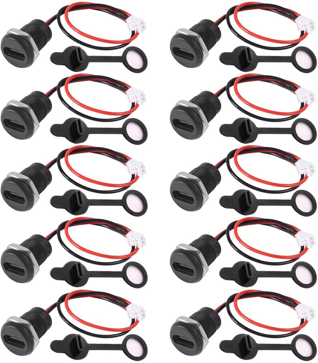SnelShoppen - Pack van 10 waterdichte USB-C aansluitingen, 2-pins inbouw, Type C socket voor paneelmontage, 3A snellader, USB-C pigtail kabel, USB-C s