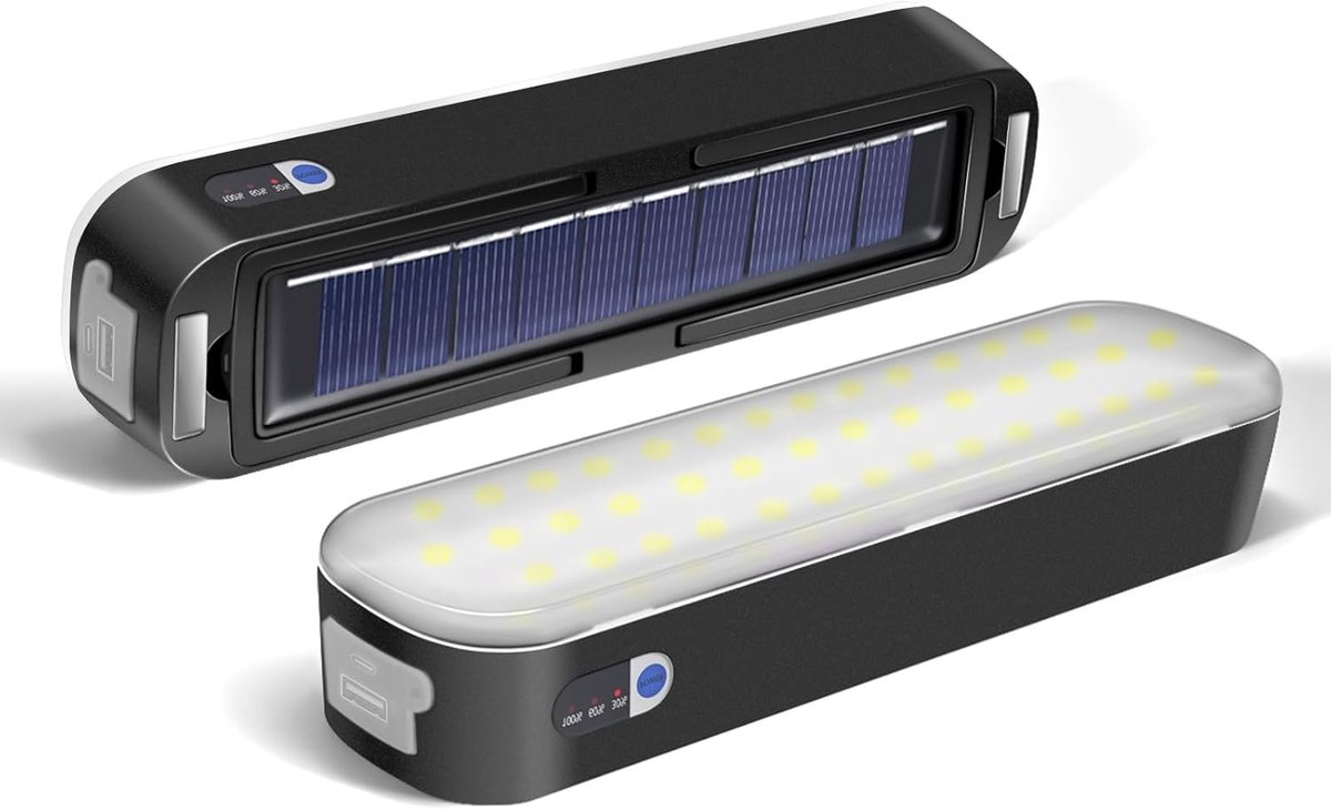 LED Solar Campinglamp - Zwart - 6000mAh - Oplaadbaar met USB en Zonne-energie - Voor Buiten en Noodverlichting