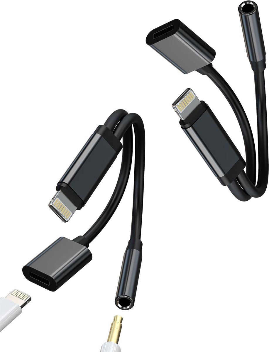 SnelShoppen - Lightning Naar Jack Adapter 3.5mm (2x) Dubbele Aansluiting Oplaadkabel Voor iPhone 14 Pro en iPad AUX Hoofdtelefoon Splitter Auto Access