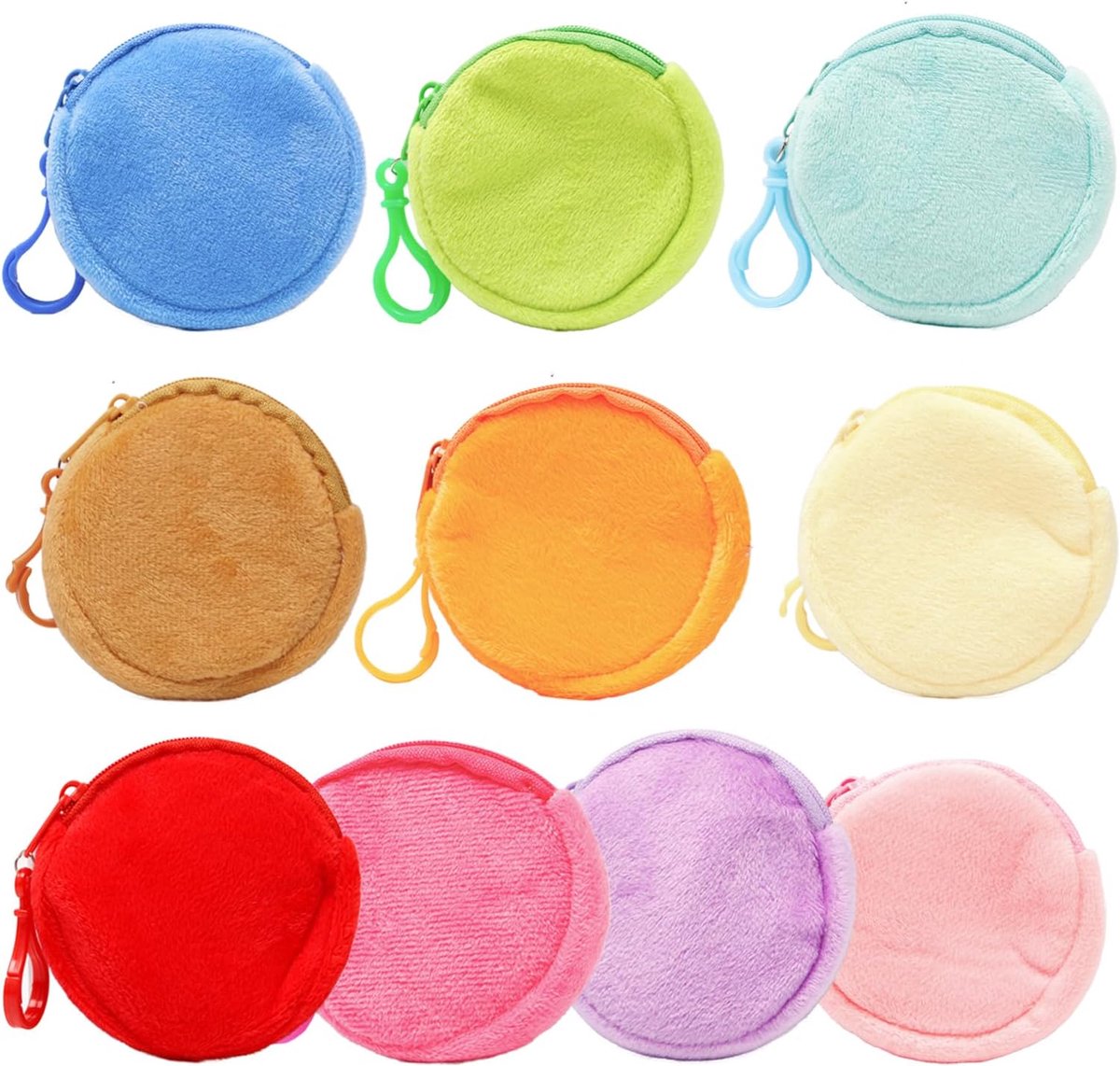 SnelShoppen - 10 Stuks Kleine Ronde Muntportemonnees Kleurvolle Pluche Mini Ritsportemonnee met Sleutelhanger voor Muntjes, Sleutels en Kleine Voorwer