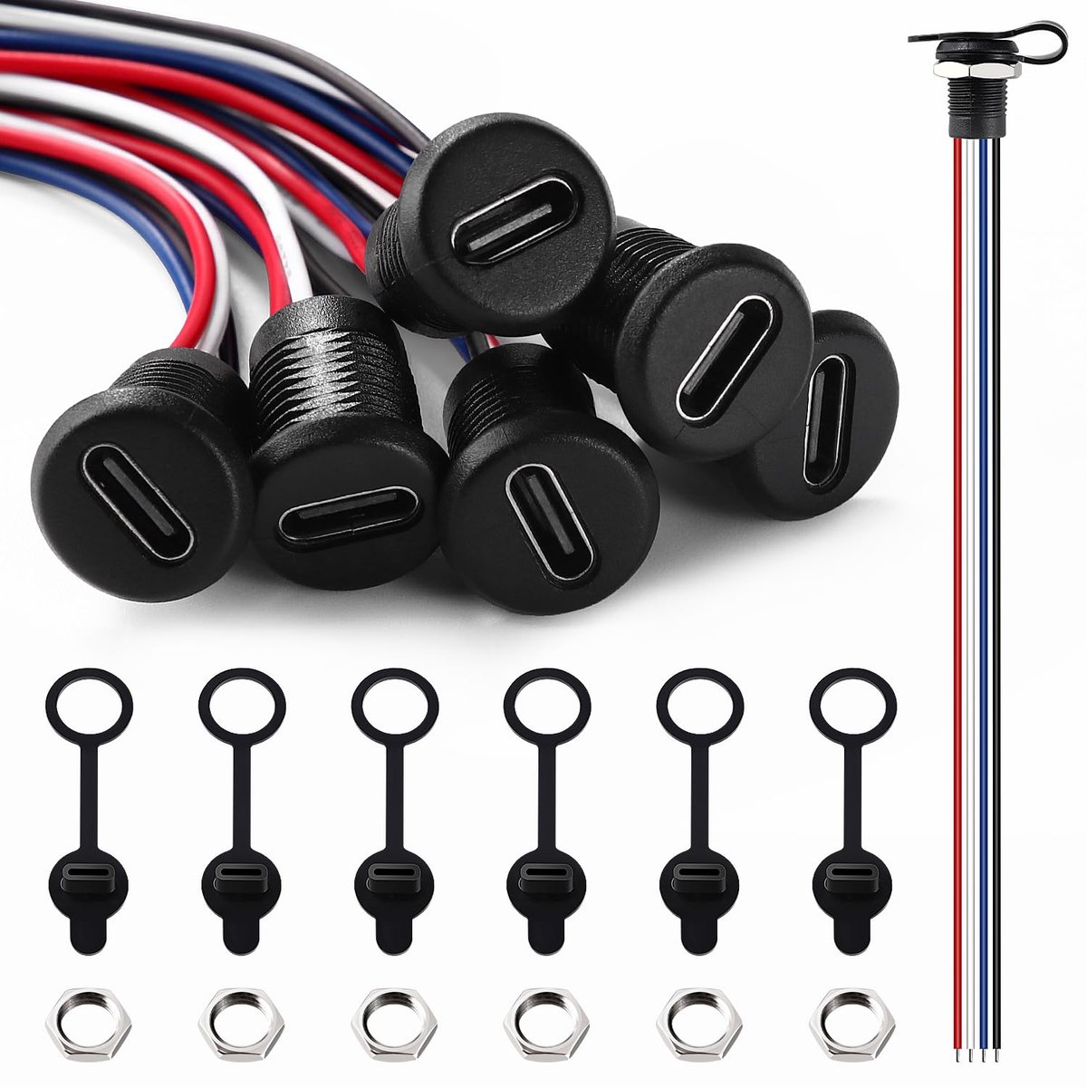 SnelShoppen - 6x USB-C Paneelmontage Aansluiting 150mm 24AWG Draad, 3A 4 Pin Vrouwelijke Connector, Inclusief Stofdoppen en Moeren, Zwart