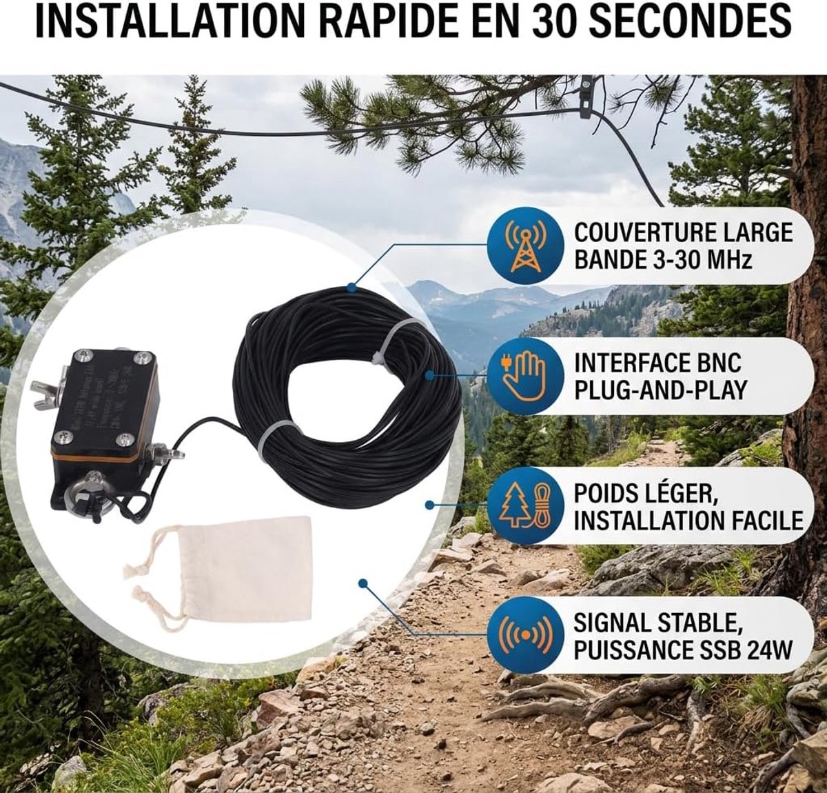 SnelShoppen - Mini Shortwave Antenne 3-30MHz met 1:49 Balun en 20m Kabel - Eenvoudig Te Installeren voor Verbeterde Radio Ontvangst - Lichtgewicht en