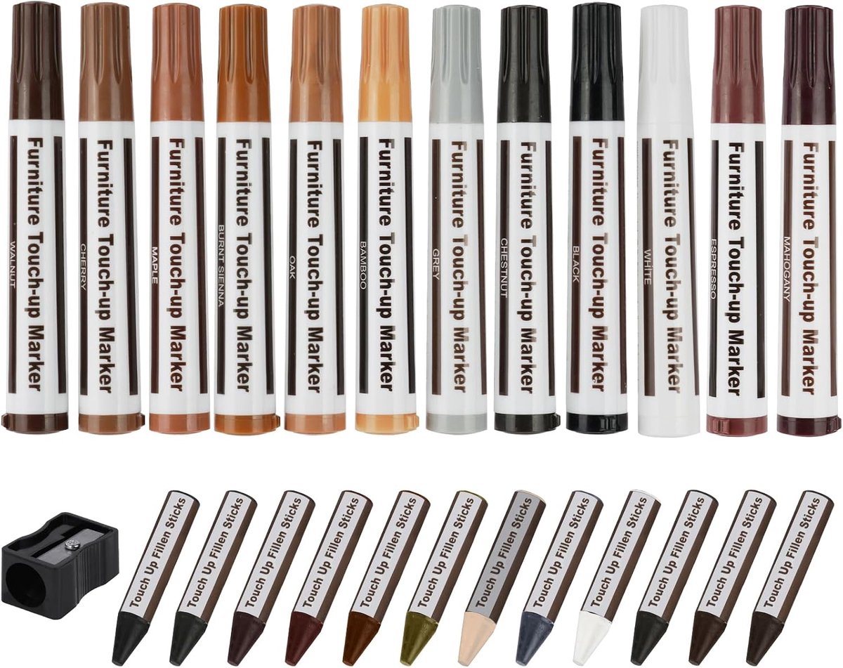 SnelShoppen - 25-delige Hout Reparatie Set, Meubelmarkers voor Verven, Herstelset voor Krassen, Deuren, Vlekken, Houten Vloeren, Tafel, 12 Kleurvariat