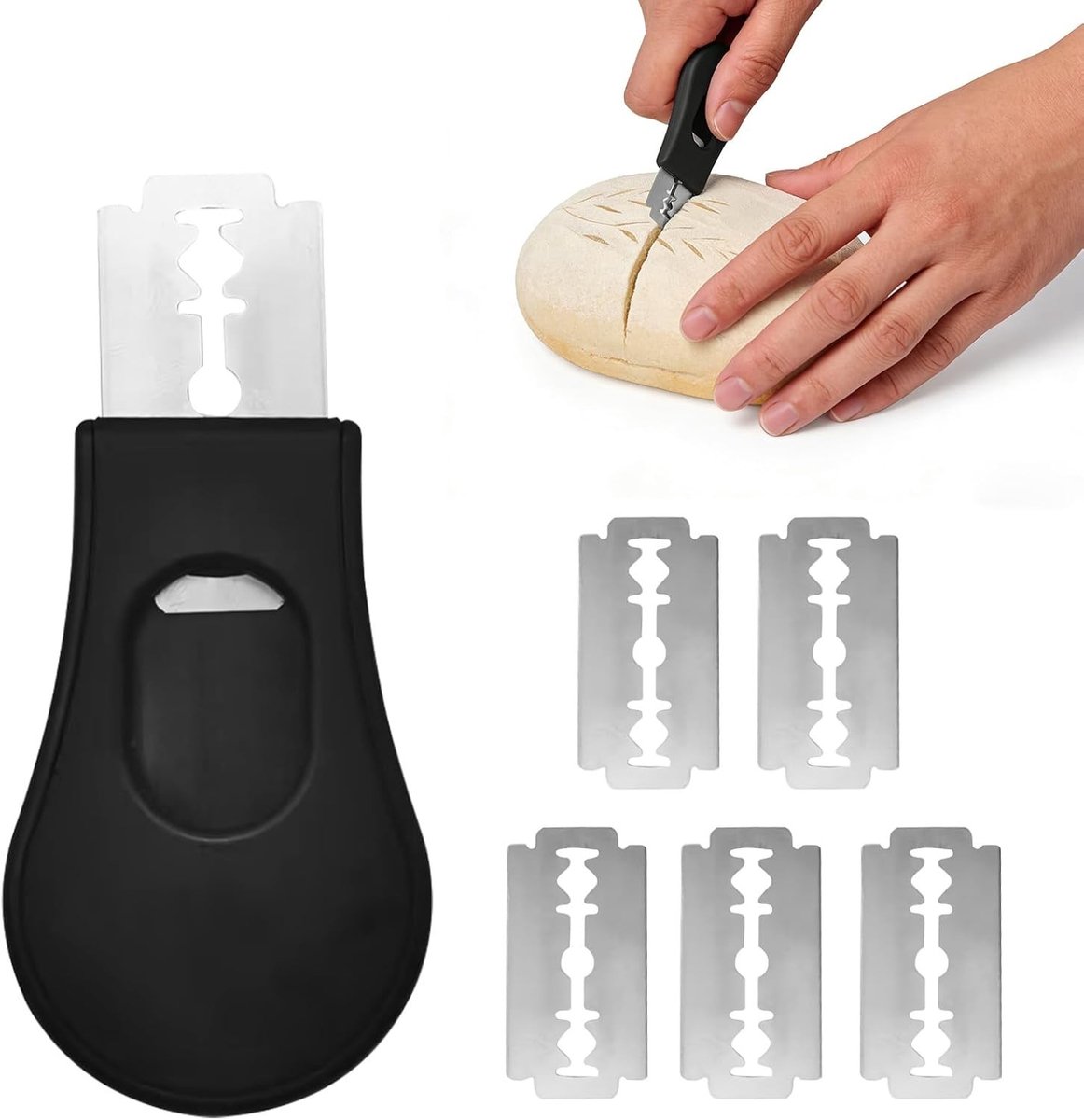 Compact Bakkersmes - Zwart - Met 5 Vervangbare Scheermesjes - Voor Brooddeeg en Bakaccessoires