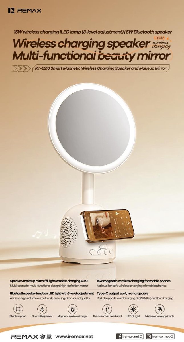 Remax RT-E210 - Make-upspiegel met verlichting - Bluetooth speaker - Draadloos laden - Wit van Remax — afbeelding 2