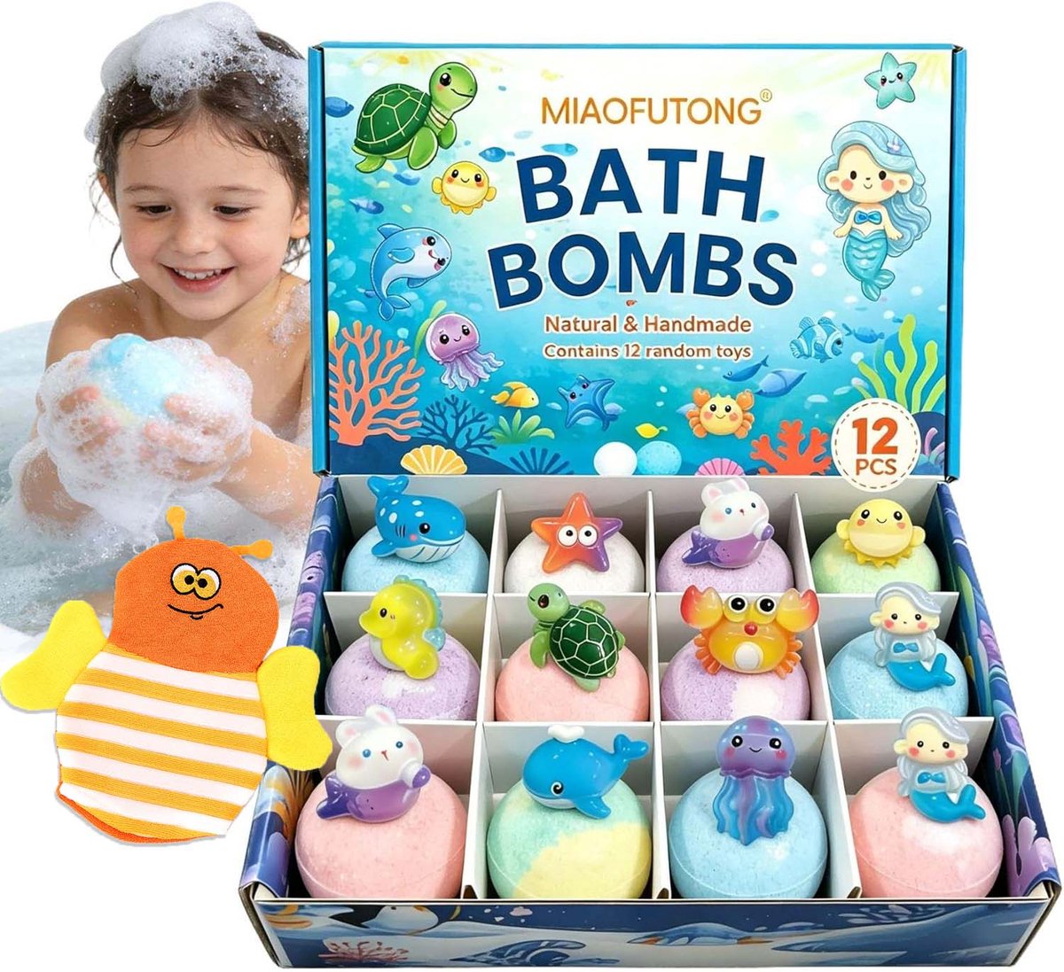 TEKROA® Bruisballen Set van 12 met Speelgoed - Een badhandschoen - Badbommen Cadeauset voor Kinderen - Schuimende Bubbelbad Bollen - Regenboog Badplezier