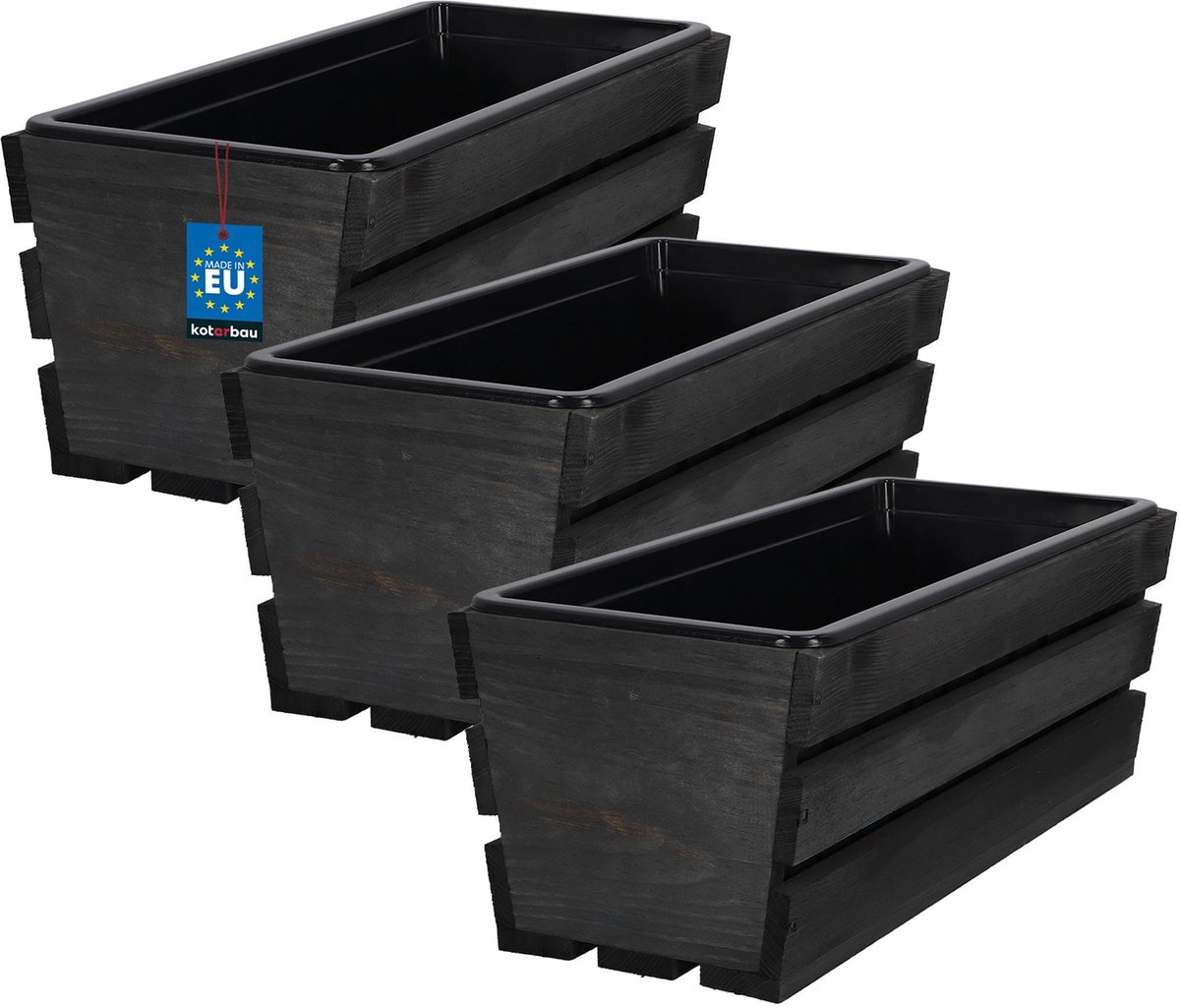 KOTARBAU® 3 Stuks - Houten Plantenbak - Bloembak Hout - met Kunststof Inzetstuk - Balkonbak - 40 x 18 x 15 cm - Antraciet - voor Terras - Balkon - Deko Planten