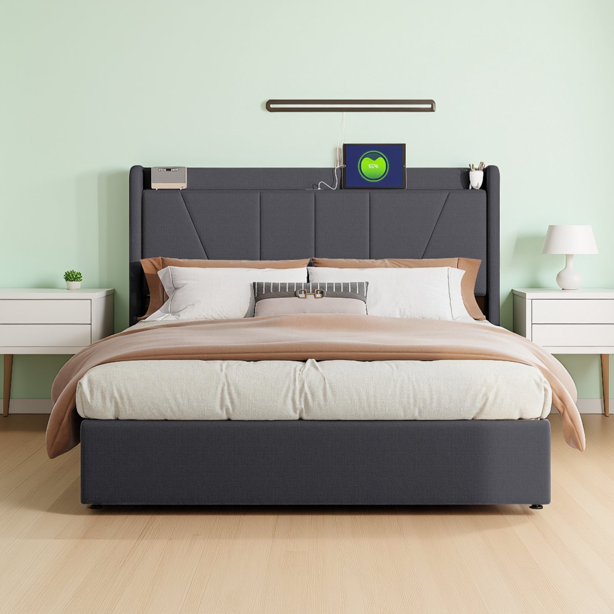 Gestoffeerd tweepersoonsbed 160x200 cm met opbergruimte en LED, hydraulisch bed met linnen bekleding en lattenbodem, grijs, zonder matras