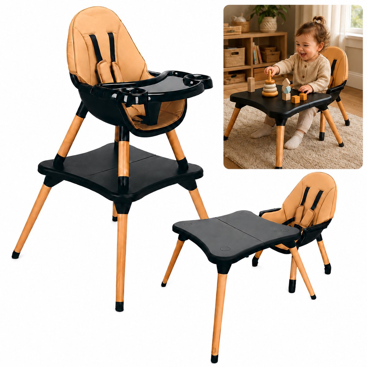 Bol.com ComfyKidz® 5 in 1 Kinderstoel met Speeltafelfunctie - Luxe Meegroeistoel met Beukenhouten Poten - Baby Eetstoel - Peuter... aanbieding