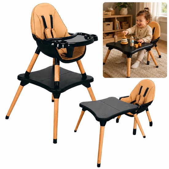 ComfyKidz kinderstoel met speeltafel in zwart met beukenhouten poten en bruin zitje. Een kind zit aan de tafel te spelen.