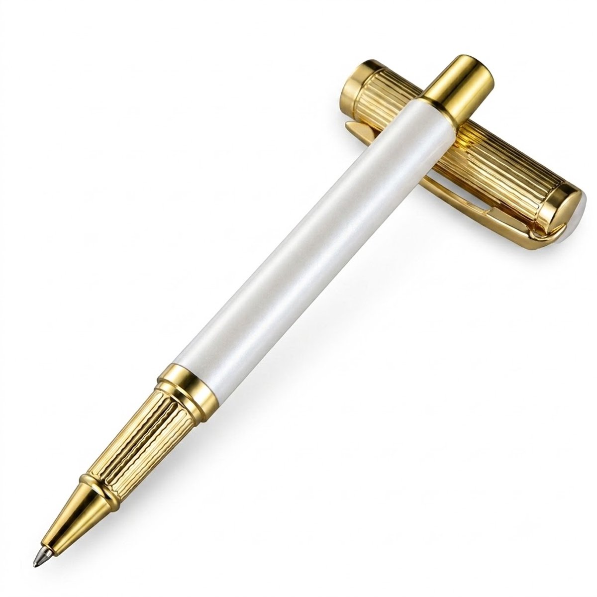 Witte balpen unisex met drukmechanisme, goudkleurige metalen accenten, metalen clip en geribbelde grip voor kantoor, handtekeningen, notities en dagelijks schrijven