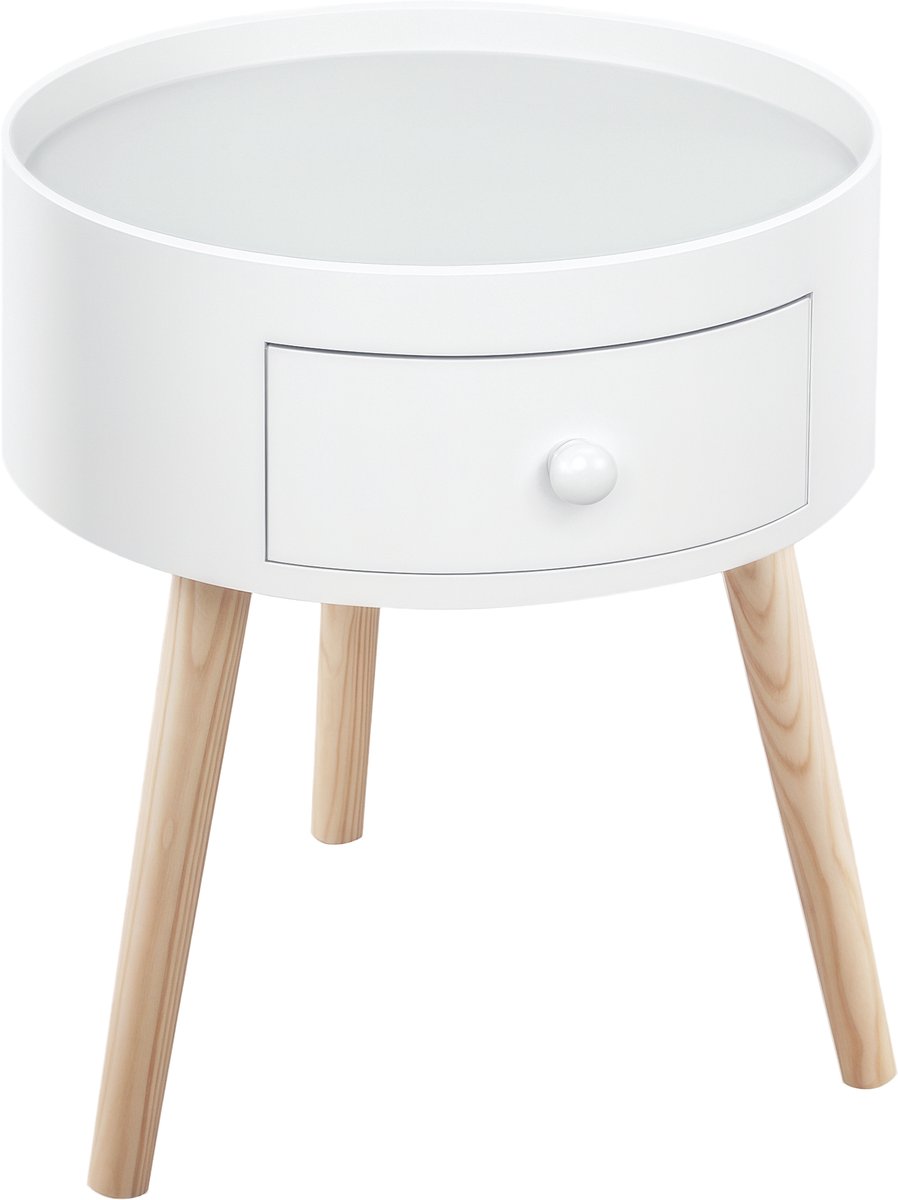 alontafel, bijzettafel, rond, lade, licht eiken, wit | Scandinavisch design, bankuiteinde, schuine taps toelopende poten, massief hout