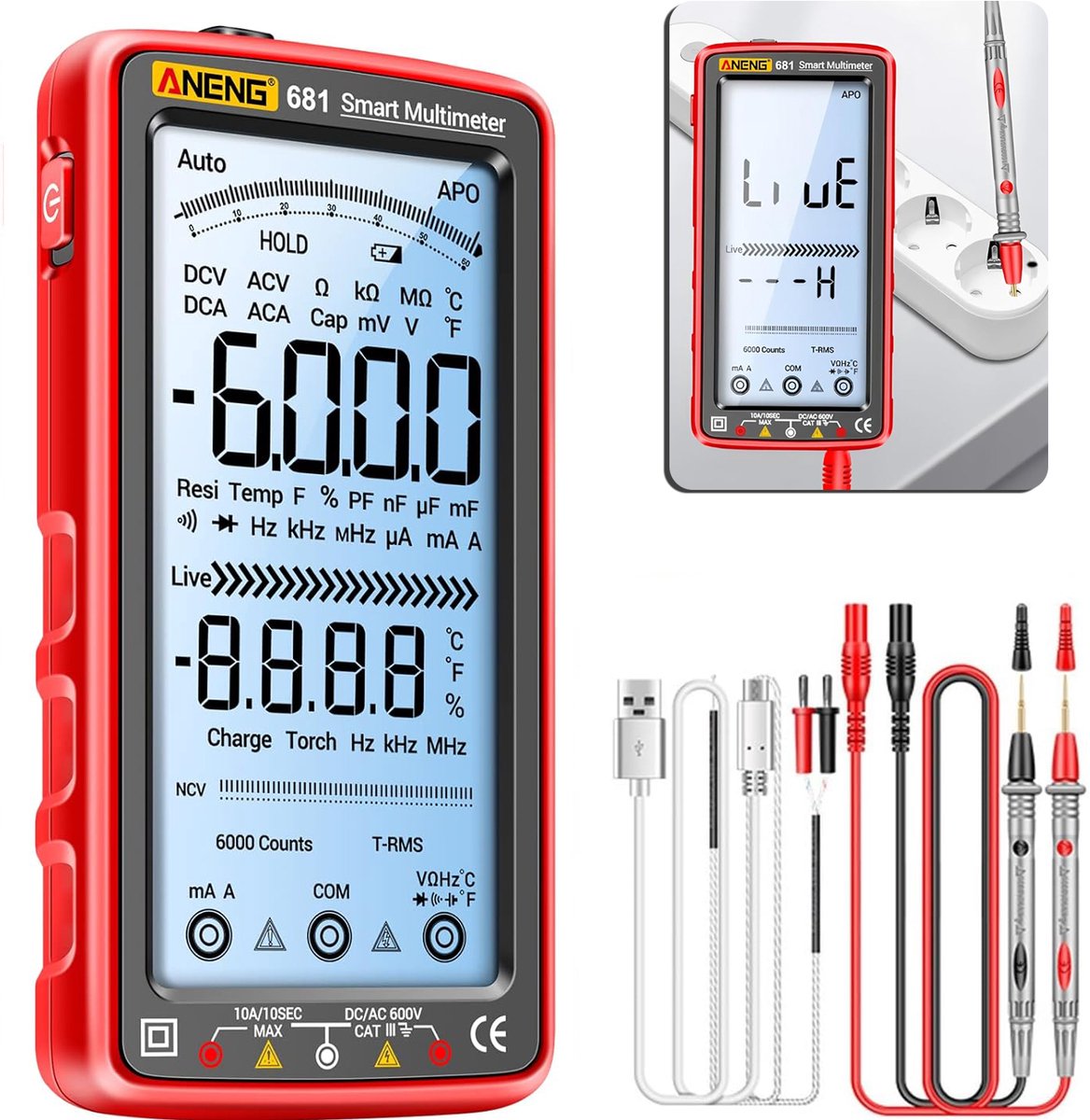 Digitale Multimeter NCV - Oplaadbare Tester - Automatische Bereikmetingen - AC/DC-Meter - 5999 Counts Spanningsmeter - LCD Ohm Meter