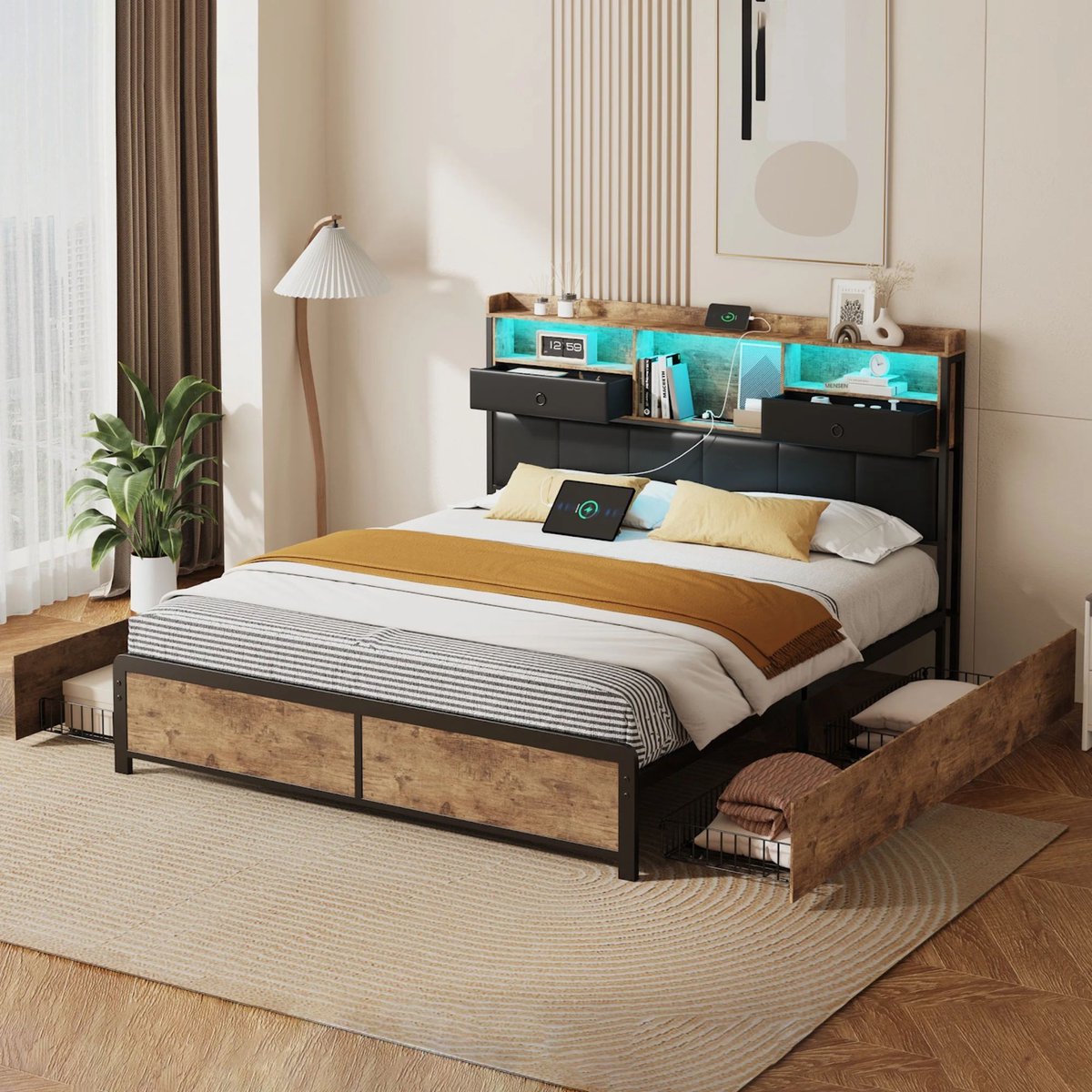 Happiq Gestoffeerd Tweepersoonsbed 160x200 cm Zwart