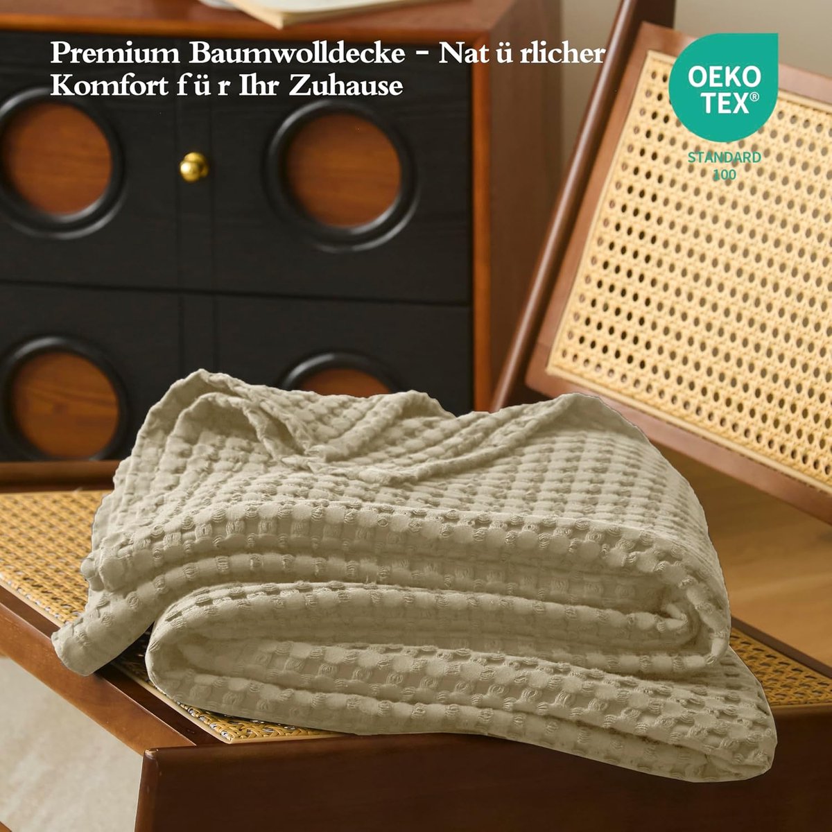 Katoenen deken 150 x 200 cm - waffle pique - zacht en ademend - ideaal als bedthrow - SnelShoppen