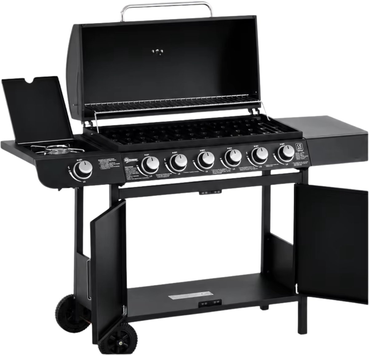 Gasgrill 7 Branders Zwart – Heavy-Duty Staal - - BBQ Grill met Thermometer & Mobiel Kookstation