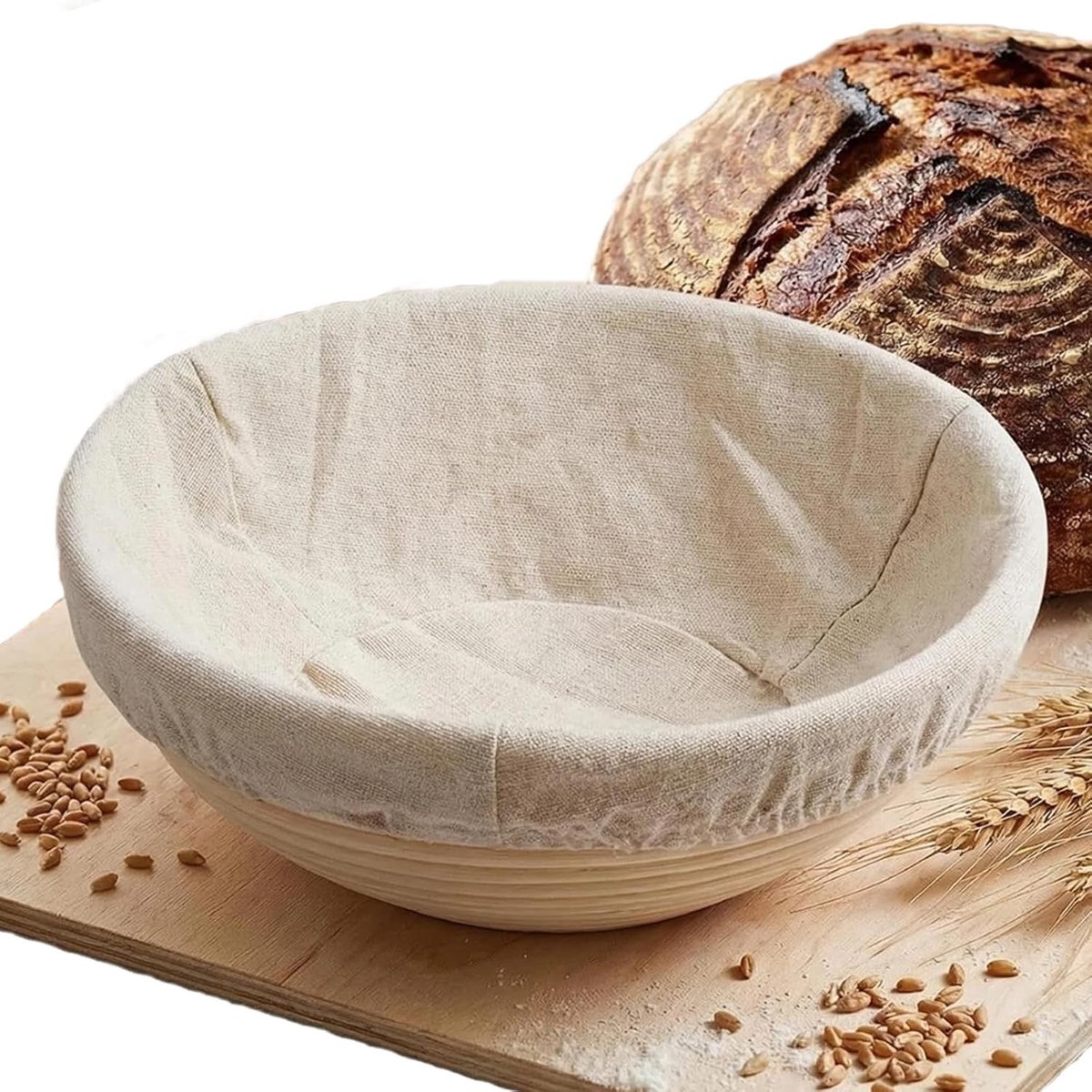Ronde Rijsmand - Natuurlijk Rotan - 20 cm - Met Linnen Inzetstuk - Voor Brood Bakken