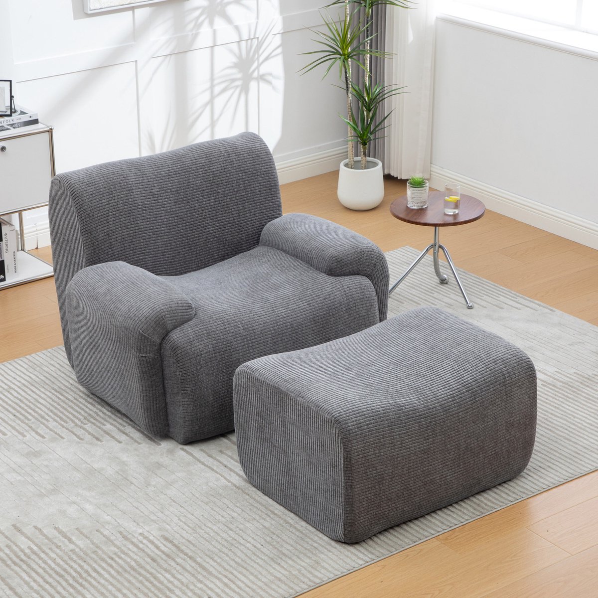 MEUNIQ Grijze chenille fauteuil met hocker, 30D schuimvulling, montagevrij en vacuümverpakt voor woonkamer, slaapkamer of kleine ruimtes Grijs