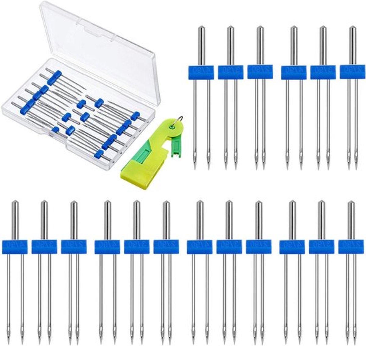 18 Stuks Dubbele Naalden voor Naaimachine met Plastic Doos, Automatische Draadinsteker, 3 Maten voor Huishoudelijk Gebruik