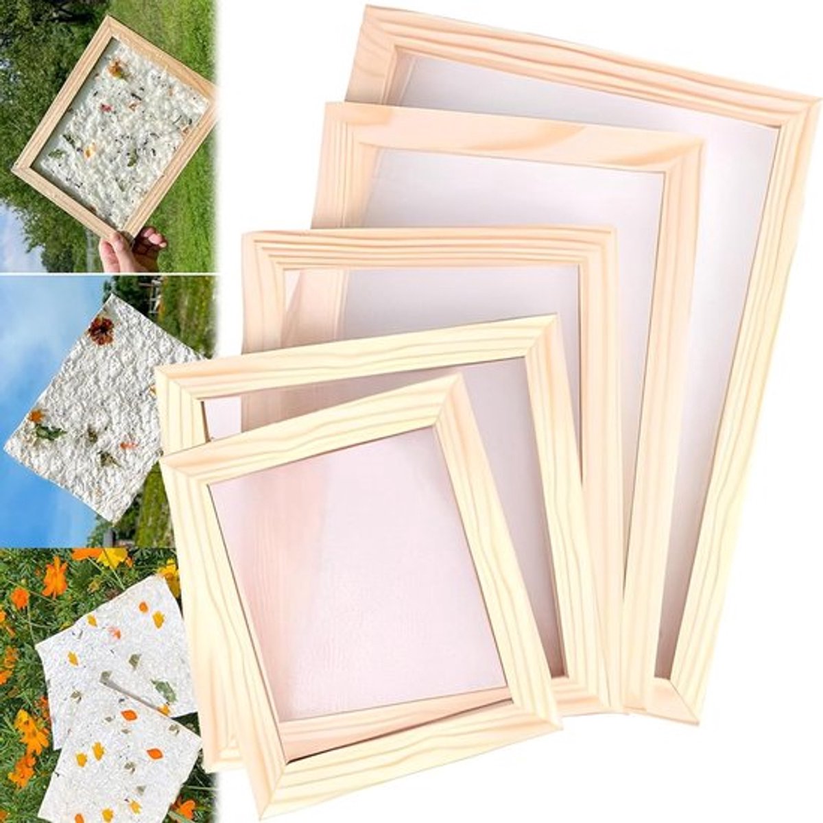Set van 5 Stuks Houten Schermen en Mallen voor Ambachtelijk Papier Maken, Oude Papierproductiemethoden, Handgemaakte Papierframes en Doeken