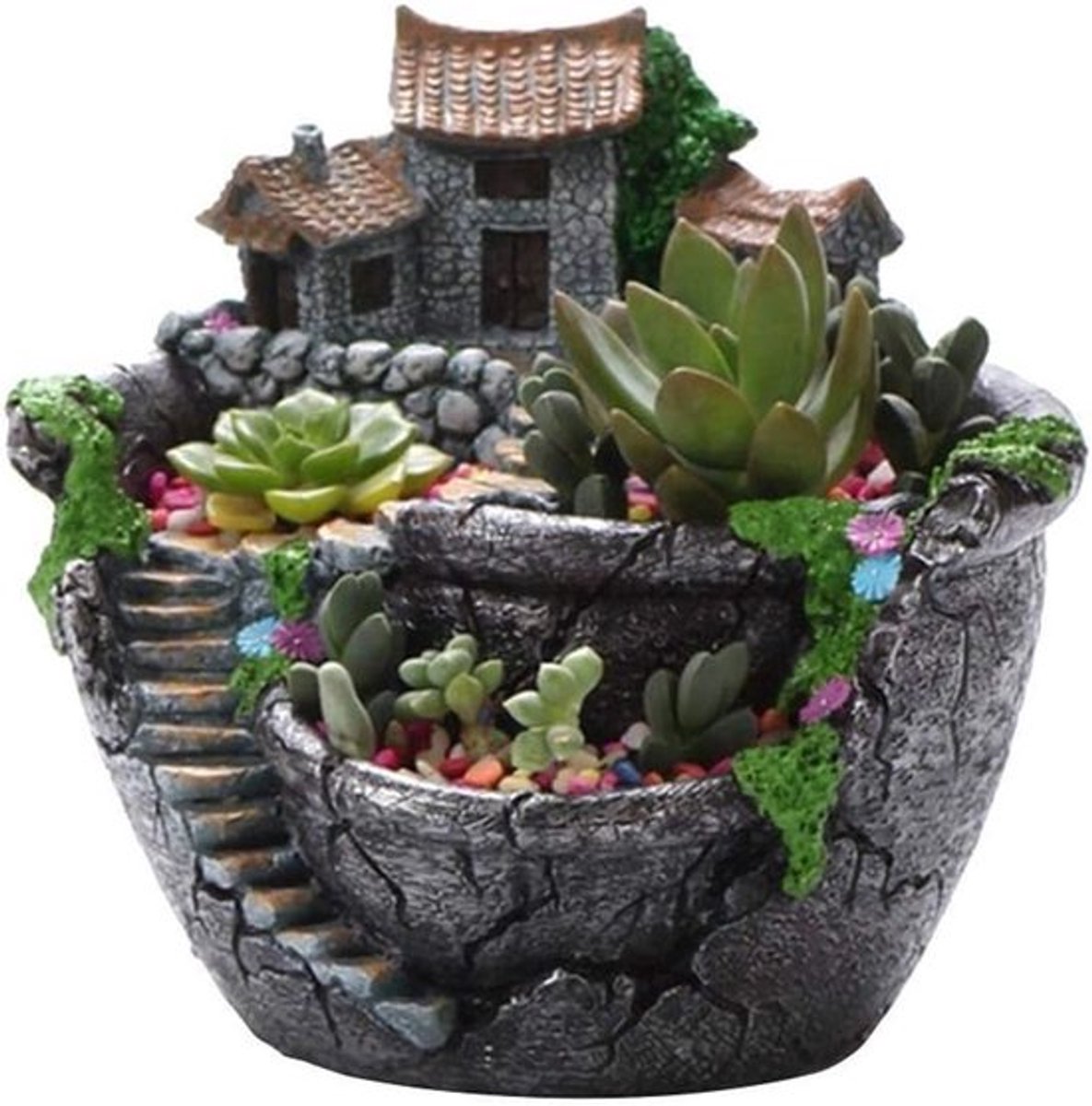 Decoratieve Pot voor Succulenten met Kunstplanten, Mini Landschap en Tuinaccessoires in Zilver