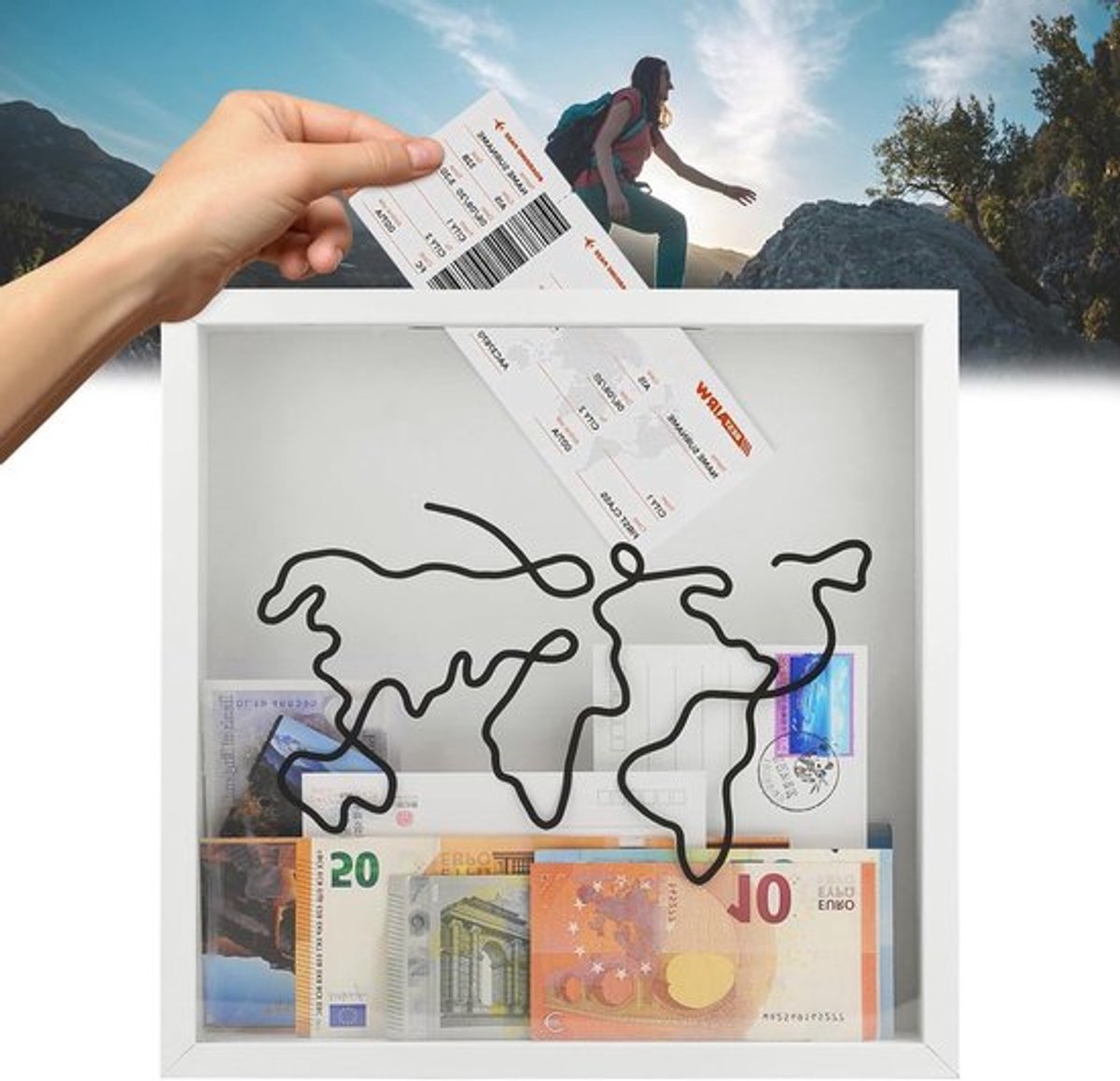 Reisavontuur Herinneringen Box, Witte Schaduwdoos met Wereldkaart, Ticketopslag en Decoratieve Fotolijst (1 Stuk, 11×11 in)