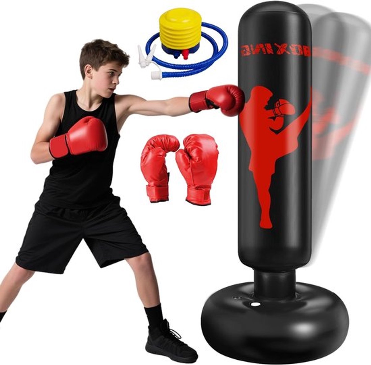 160 cm Kinder Bokszak met Bokshandschoenen en Luchtpomp, Staande bokszak voor Binnen en Buiten, Ideaal voor Jongens en Meisjes van 3-12 Jaar, Fitness, Sport en Spel