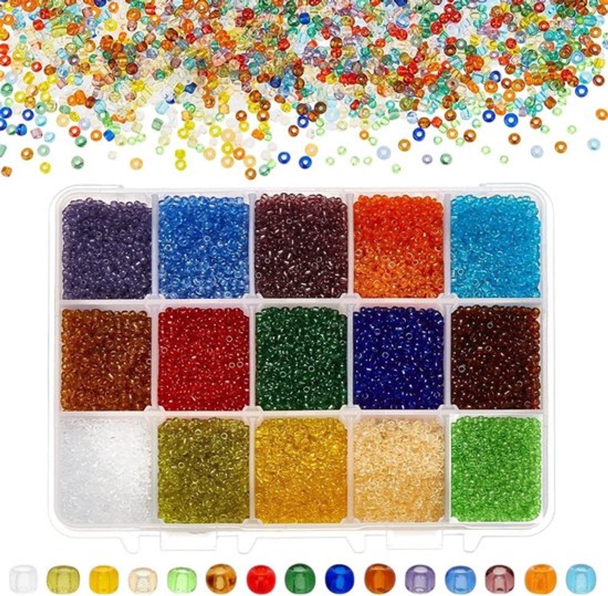 21000 Stuks, 15 Kleuren Glas Zaadparels en Spacer Beads, Ronde Doorzichtige Beads voor Sieraden Maken, 12/0 2mm, Gat: 1mm