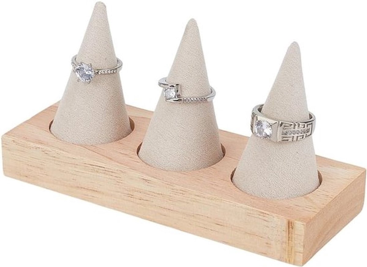 Houten Ringhouder met 3 Conen, Fluwelen Ringdisplay voor Sieraden, Perfect voor Bruiloften en Retail Exhibities, Decoratie voor Opslagruimte