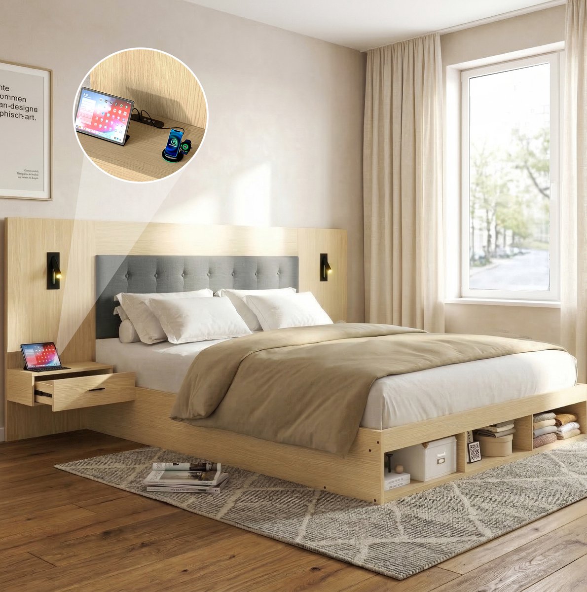 REDOM - Bed met opbergruimte en 2 nachtkastjes - USB- en Type-C-oplaadstation - Leeslamp - MDF - Tweepersoons - 180 x 200 cm - 205,4 x 252,3 x 115 cm - Licht eiken