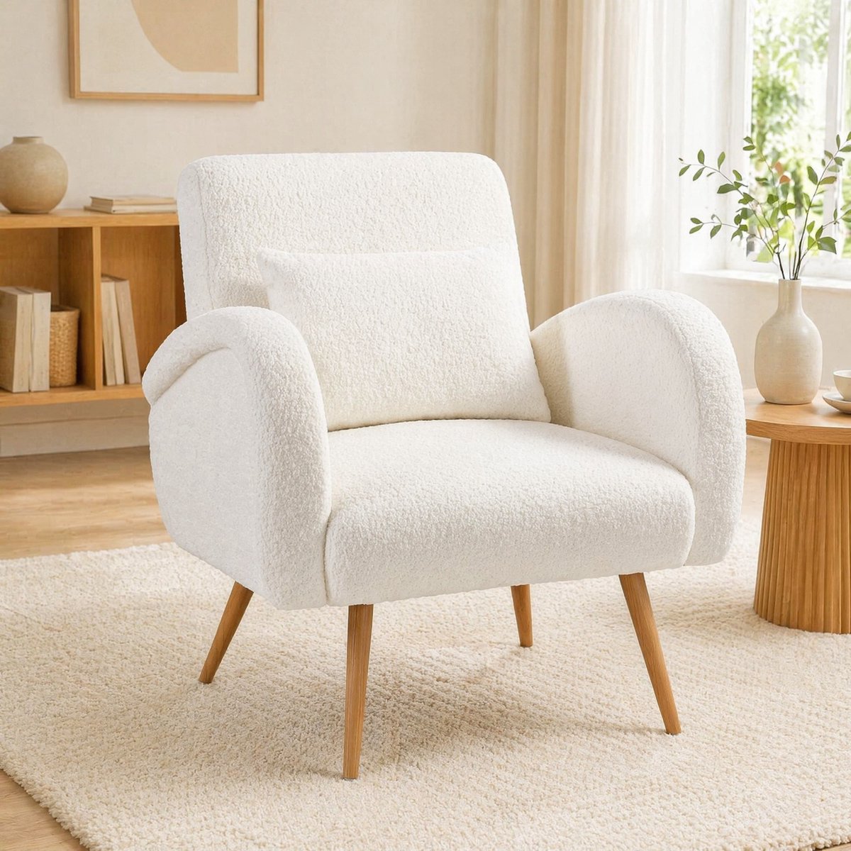 MODENUIT Fauteuil 77 x 77 x 83 cm - Fleece Met Lendenkussen - Voor Woonkamer En Leeshoek - Metaal - Crèmewit