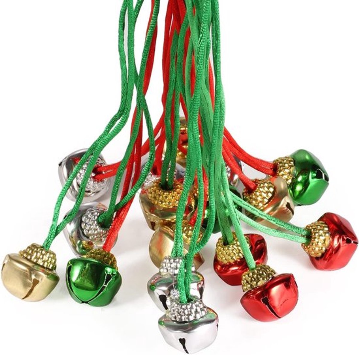 60 Stuks Kerst Jingle Bells Kettingen, Kleurrijke Grote Bel Kettingen met Touwen voor Feestelijke Decoratie (Rood, Groen, Zilver, Goud), Roestvrij Staal en Duurzaam Design