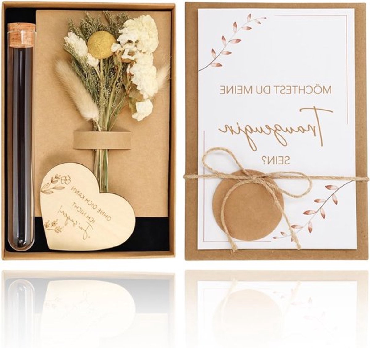 Unieke Cadeauset voor Bruidsmeisjes - Houten Hart, Gedroogde Bloemen en Persoonlijke Uitnodiging voor de Grote Dag