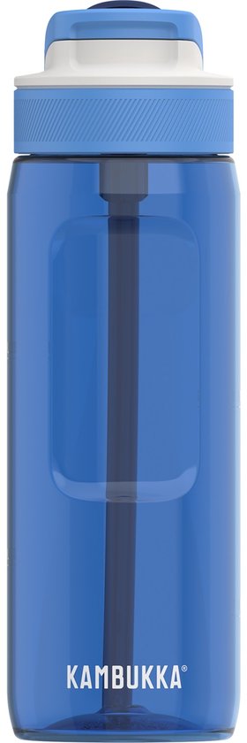 Bouteille d'eau Kambukka Lagoon, 750ml, bleu vif, avec paille et bouchon bleu.