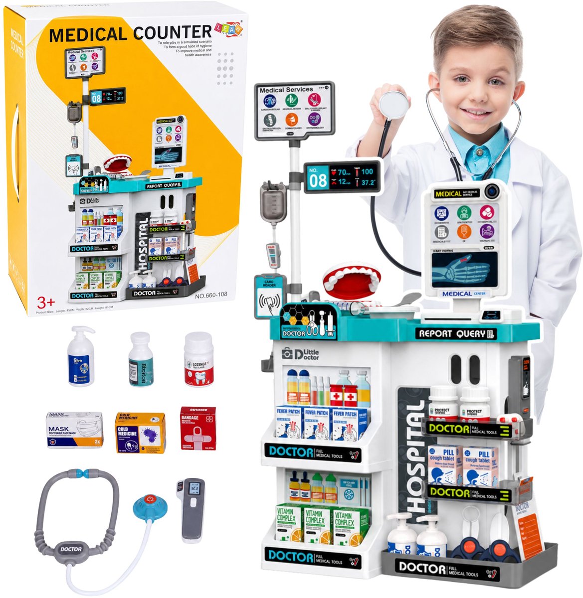 Grote medische set medische tafel dokterslichten geluiden accessoires 61-delig. - UNI