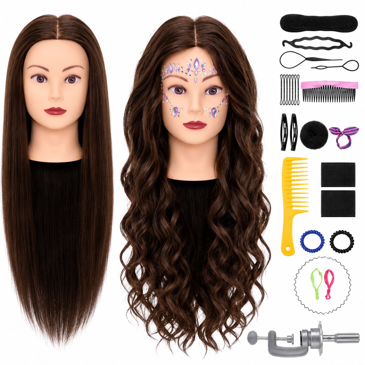 Kappershoofd Oefenhoofd 80% Echt Haar met Statief Kaphoofd Kapperspop Kappers Pop - Incl. Styling Accessoires - Donker Bruin Haar - 70 cm