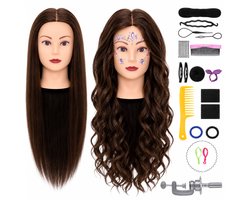 Kappershoofd Oefenhoofd 80% Echt Haar met Statief Kaphoofd Kapperspop Kappers Pop - Incl. Styling Accessoires - Donker Bruin Haar - 70 cm