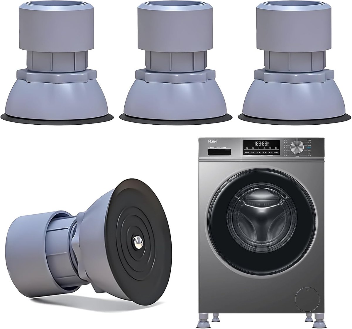 SnelShoppen - Universele Vibratiedempers voor Wasmachine en Droger, Set van 4, Antivibratie, Hoogte Verstelbare Dempers, 10-12 cm, Grijs, Geschikt voo