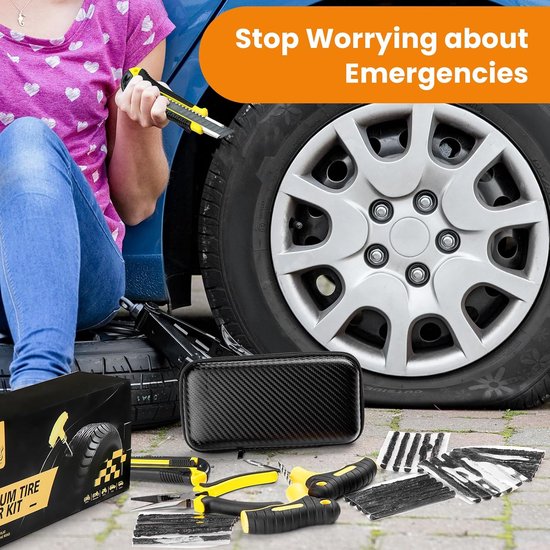 Bandenreparatieset - Noodreparatie Kit - Onderweg Reparen - Compleet 27-delig - 20 Koorden - Zwart — afbeelding 4
