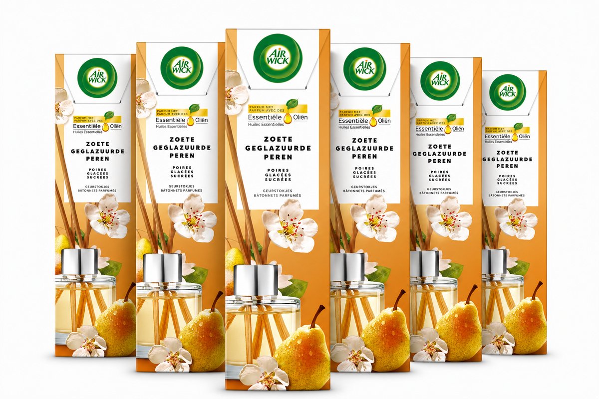 Air Wick Geurstokjes Zoete Geglazuurde Peren – 6 x 40 ml – Geurdiffuser met Essentiële Oliën – Voordeelverpakking
