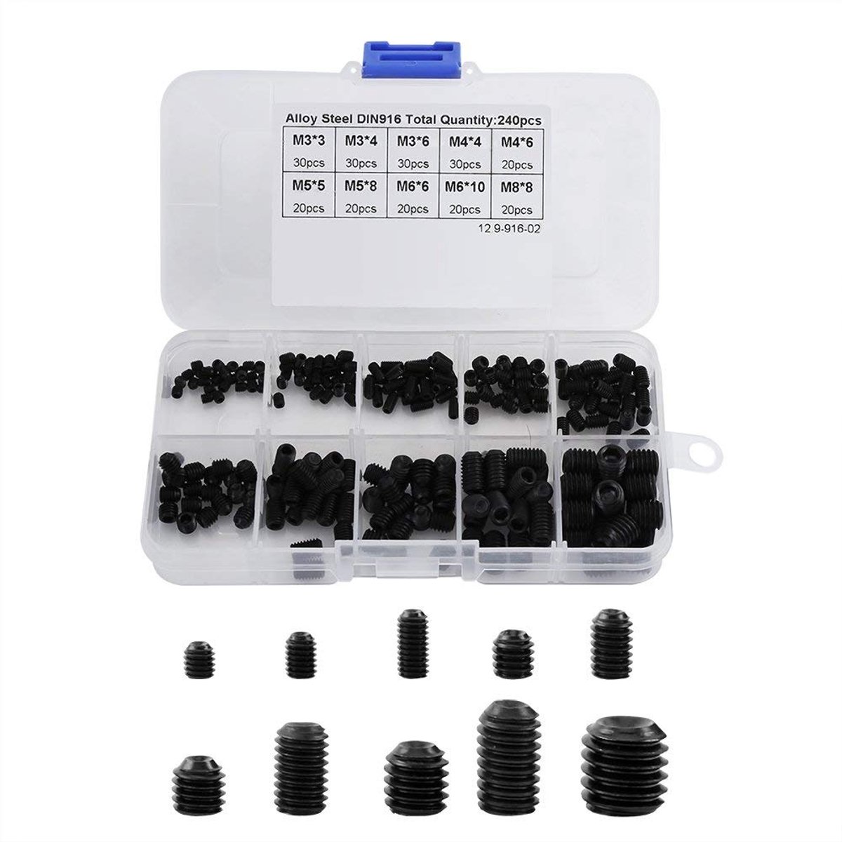 SnelShoppen - 240 Stuks Grub Schroef Hex Hoofd Allen Schroef DIN916 M3-M8×0.5-1.25 RVS Cup Hex Grub Voldraad Hoofd Machine Schroef