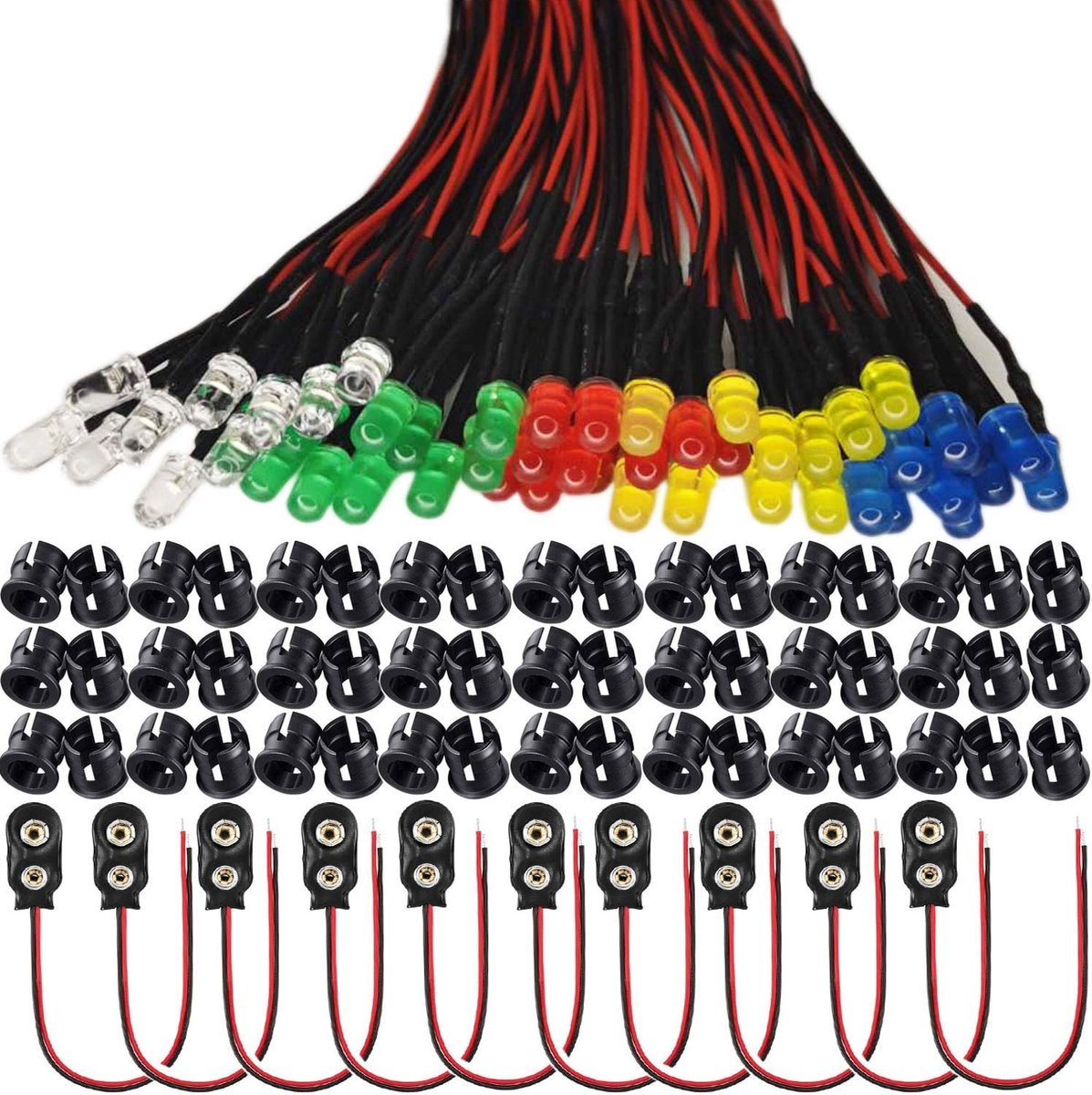 SnelShoppen - 50 Stuks 5mm LED Diodes 12V Voorbedraad, 20cm Verlichting, 5 Kleuren, Inclusief Montageringen en 9V Accu, Perfect Voor Feest, Tuin en Ho