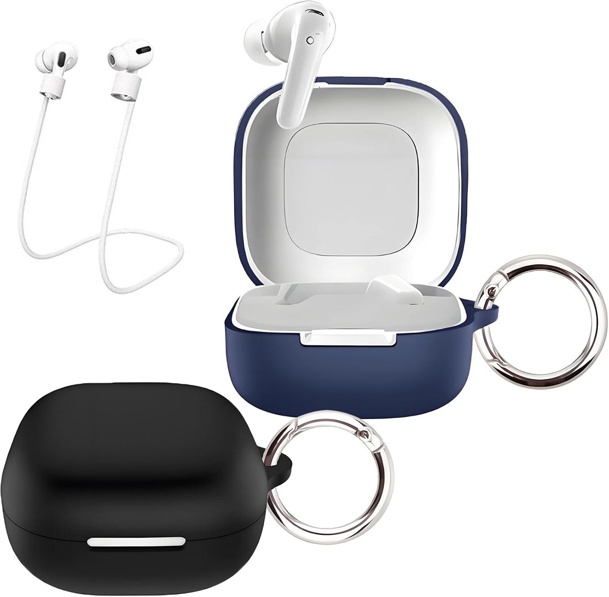 SnelShoppen - Beschermhoes voor Bluetooth Hoofdtelefoon, Schokbestendige Silicone Case met Karabijnhaak en Anti-Verlies Band, Zwart en Blauw, Geschikt