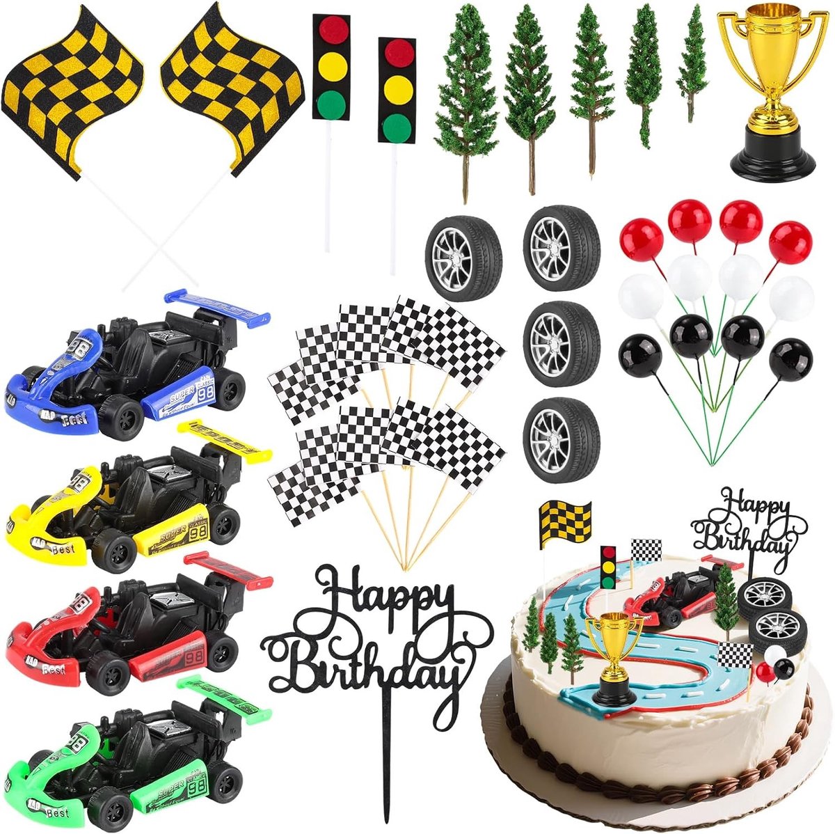 Racing Car Taartdecoraties voor Kinderen - 41 Stuks, Thema Taart Toppers voor Verjaardagsfeest, Feestelijke Decoraties voor Kinderen en Familie Celebraties