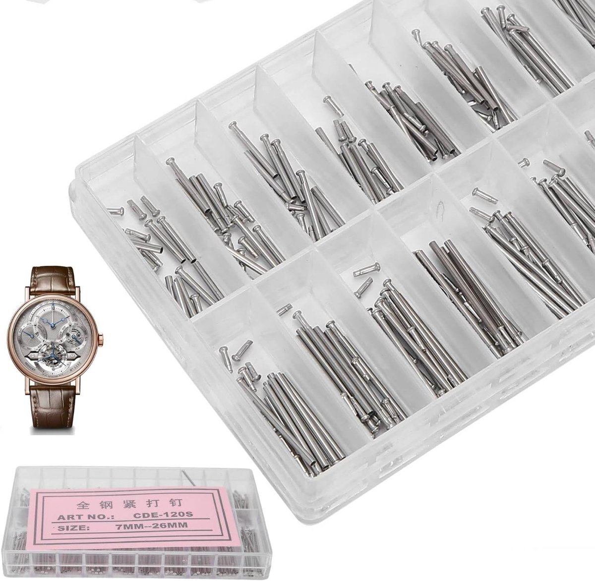 SnelShoppen - Tissting Horlogeband Koppelpennen, 400 Stuks, 7-26 mm, Stalen Veerstraps, Met Opslagdoos, Voor Horlogemakers en Hobbyisten