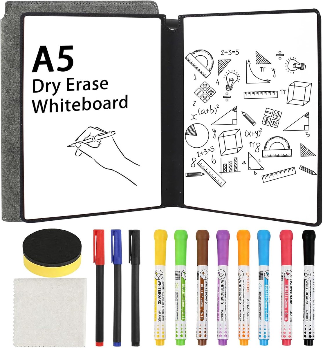 SnelShoppen - A5 Mini Whiteboard Set met 11 Kleurpotloden, Stofdoek en Spons - Draagbaar Afwisbaar Notitieblok - Dubbelzijdig Notitieblok voor Kantoor