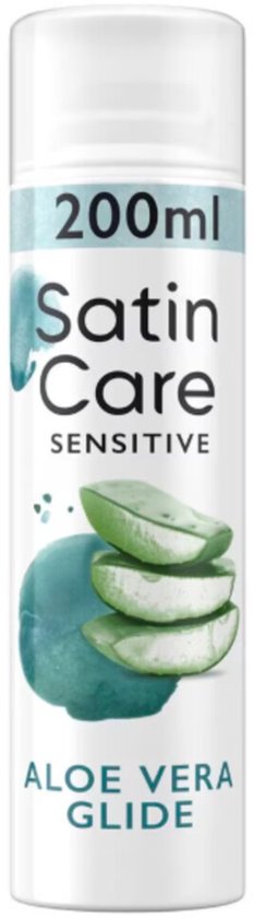 Satin Care, 200ml, Sensitive, Aloe Vera Glide scheergel met afbeelding van plakjes aloë vera.